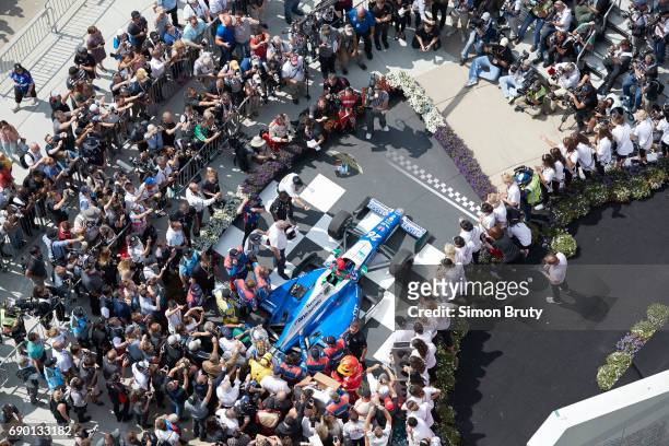 101st Indianapolis 500: Aerial view of Takuma Sato and his team victorious in Victory Lane after winning race at Indianapolis Motor Speedway. Verizon...