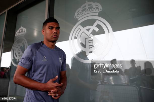 Carlos Casemiro of Real Madrid speaks to the media during the UEFA Open Media Day at Valdebebas training ground on May 30, 2017 in Madrid, Spain.