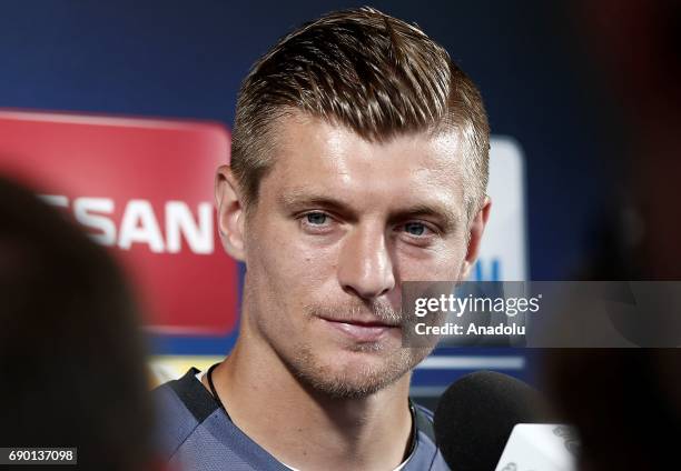 Toni Kroos of Real Madrid speaks to the media during the UEFA Open Media Day at Valdebebas training ground on May 30, 2017 in Madrid, Spain.