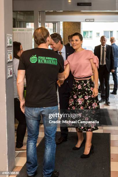 Crown Princess Victoria of Sweden is seen visting Paradiset, an organic grocery store, on May 30, 2017 in Stockholm, Sweden.