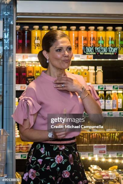 Crown Princess Victoria of Sweden is seen visting Paradiset, an organic grocery store, on May 30, 2017 in Stockholm, Sweden.