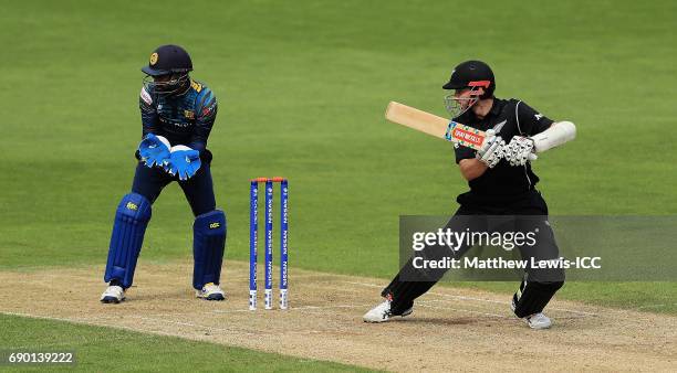 Kane Williamson of New Zealand edges the ball past Niroshan Dickwella of Sri Lanka during the ICC Champions Trophy Warm-up match between New Zealand...