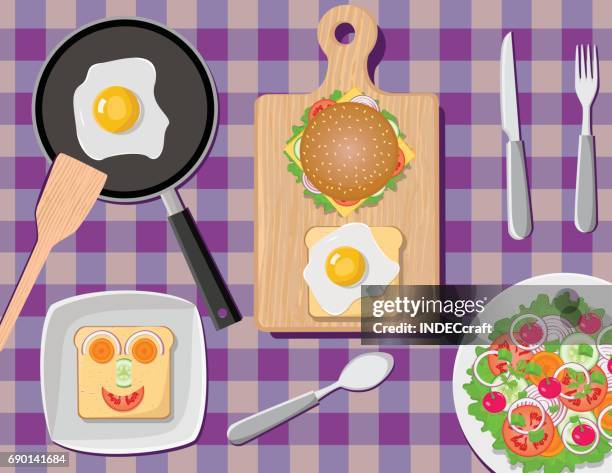morning breakfast - fried egg pan stock illustrations