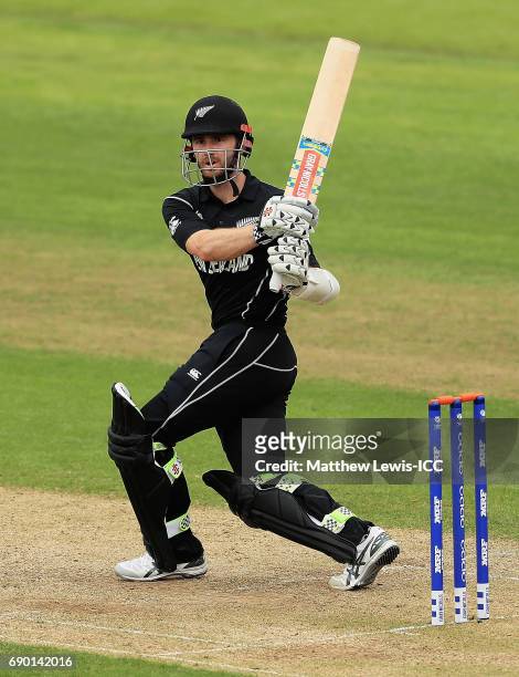 Kane Williamson of New Zealand pulls the ball towards the boundary during the ICC Champions Trophy Warm-up match between New Zealand and Sri Lanka at...