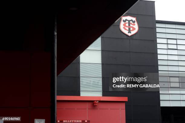 This photo taken on May 30, 2017 in Toulouse shows the logo of the Stade Toulousain Rugby club. Didier Lacroix, formerly the third wing and head of...