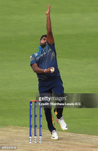 Thisara Perera of Sri Lanka in action during the ICC Champions Trophy Warm-up match between New Zealand and Sri Lanka at Edgbaston on May 30, 2017 in...
