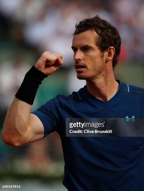 Andy Murray of Great Britain celebrates winning a point during the first round match against Andrey Kuznetsov of Russia on day three of the 2017...