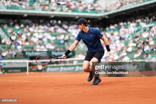 Andy Murray of Great Britain plays a forehand shot during his match with Andrey Kuznetsov of Russia during Day Three at Roland Garros on May 30, 2017...