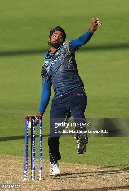 Nuwan Pradeep of Sri Lanka in action during the ICC Champions Trophy Warm-up match between New Zealand and Sri Lanka at Edgbaston on May 30, 2017 in...