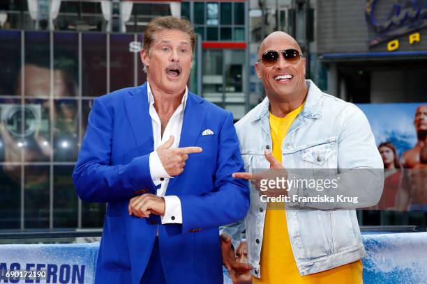 David Hasselhoff and Dwayne Johnson attend the 'Baywatch' Photo Call in Berlin on May 30, 2017 in Berlin, Germany.
