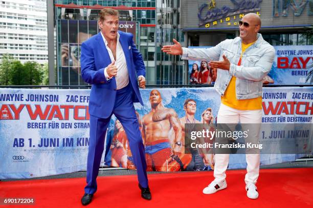 David Hasselhoff and Dwayne Johnson attend the 'Baywatch' Photo Call in Berlin on May 30, 2017 in Berlin, Germany.