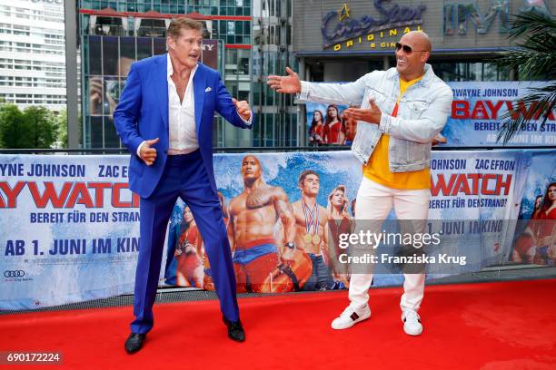 David Hasselhoff and Dwayne Johnson attend the 'Baywatch' Photo Call in Berlin on May 30, 2017 in Berlin, Germany.