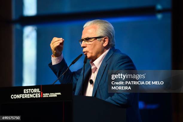 Spanish former judge and head of Julian Assange's defense Baltasar Garzon delivers a speech before the debate at the "Estoril Conferences - Global...