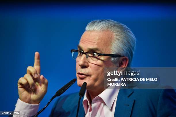 Spanish former judge and head of Julian Assange's defense Baltasar Garzon delivers a speech before the debate at the "Estoril Conferences - Global...