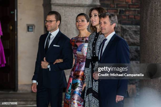 Prince Daniel and Princess Victoria of Sweden alongside Prince Frederik and Princess Mary of Denmark arrive Stockholm city hall for an official...