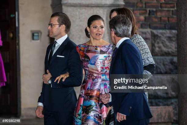 Prince Daniel and Princess Victoria of Sweden alongside Prince Frederik and Princess Mary of Denmark arrive Stockholm city hall for an official...