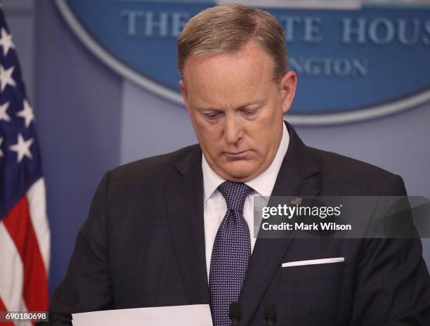 White House Press Secretary Sean Spicer speaks to the media in the briefing room at the White House, on May 30, 2017 in Washington, DC.