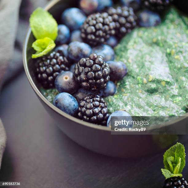 gezonde biologische spirulina pap gegarneerd met bessen - spirulinabacterie stockfoto's en -beelden