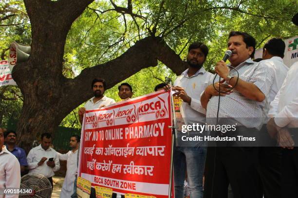 Chemists taking part in demonstration at Jantar Mantar on May 30, 2017 in New Delhi, India. All-India Organisation of Chemists and Druggists...