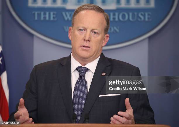 White House Press Secretary Sean Spicer speaks to the media in the briefing room at the White House, on May 30, 2017 in Washington, DC.
