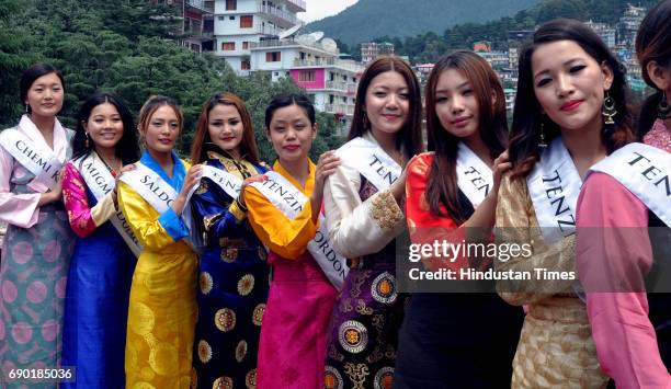 Miss Tibet Participants pose for photograph during the Miss Tibet introduction round at Mcleodganj Town on May 30, 2017 near Dharamsala, India. The...