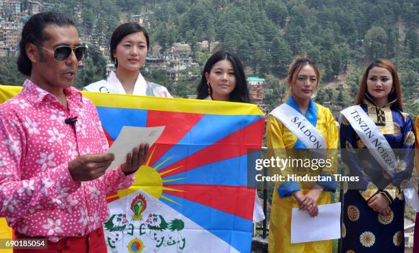 Miss Tibet participants along with director of Miss Tibet Lobsang Wangyal during the introduction round at Mcleodganj Town on May 30, 2017 near...