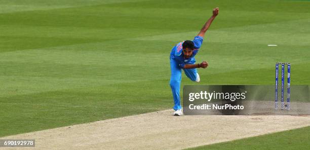Bhuvneshwar Kumar of India during the ICC Champions Trophy Warm-up match between India and Bangladesh at The Oval in London on May 30, 2017