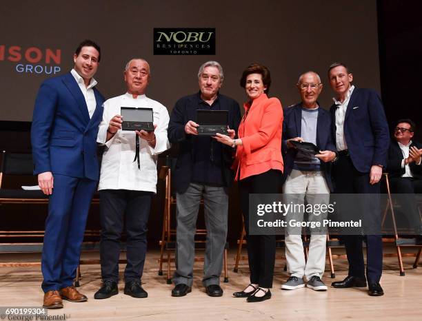 Josh Zagdanski, Chef Nobu Matsuhisa, Robert De Niro, Nelly Zagdanski, Meir Teper and Miguel Singer attend the Nobu Residences Toronto unveiling plans...