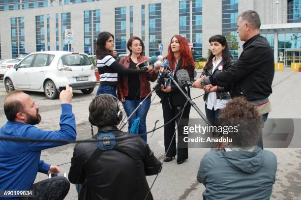 We Will Stop Femicides Platform's lawyer Rukiye Leyla Suren speaks to media on the court decision that acquits 2 brothers who were charged with...