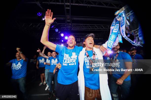 Mark Hudson of Huddersfield Town and Michael Hefele of Huddersfield Town lift the Sky Bet Championship Play offs trophy on May 30, 2017 in...