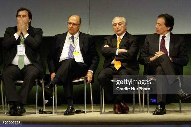 Rodrigo Maia, Brazil's house speaker, from left, Geraldo Alckmin, governor of Sao Paulo, Michel Temer, president of Brazil, and Aloysio Nunes...