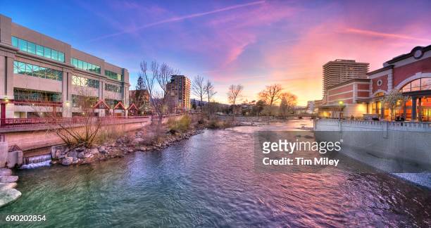 downtown reno riverwalk sunset - nevada stock-fotos und bilder