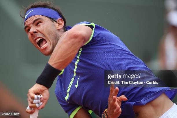 French Open Tennis Tournament - Day Two. Rafael Nadal of Spain in action against Benoit Paire of France on Court Suzanne-Lenglen during the Men's...