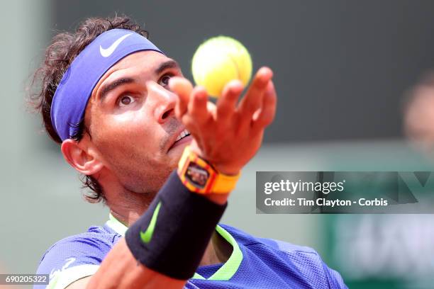 French Open Tennis Tournament - Day Two. Rafael Nadal of Spain in action against Benoit Paire of France on Court Suzanne-Lenglen during the Men's...