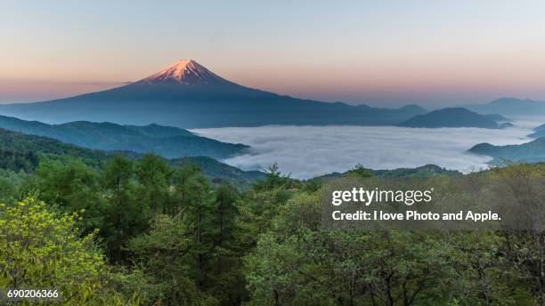 spring fuji morning scenery - 雪 stock pictures, royalty-free photos & images