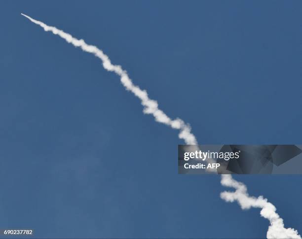 Ground based interceptor missile take off at Vandenberg Air Force base, California on May 30, 2017. The US military said it had intercepted a mock-up...