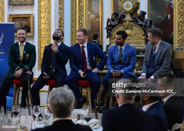 Cricket Captains AB De Villiers, Virat Kohl, Eoin Morgan and Mashrafe Mortaza during the ICC Champions Dinner at Lancaster House on May 30, 2017 in...
