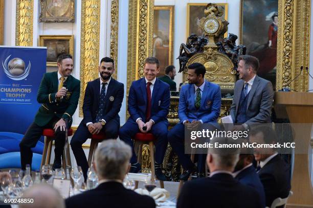 Cricket Captains AB De Villiers, Virat Kohl, Eoin Morgan and Mashrafe Mortaza during the ICC Champions Dinner at Lancaster House on May 30, 2017 in...
