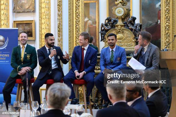 Cricket Captains AB De Villiers, Virat Kohl, Eoin Morgan and Mashrafe Mortaza during the ICC Champions Dinner at Lancaster House on May 30, 2017 in...