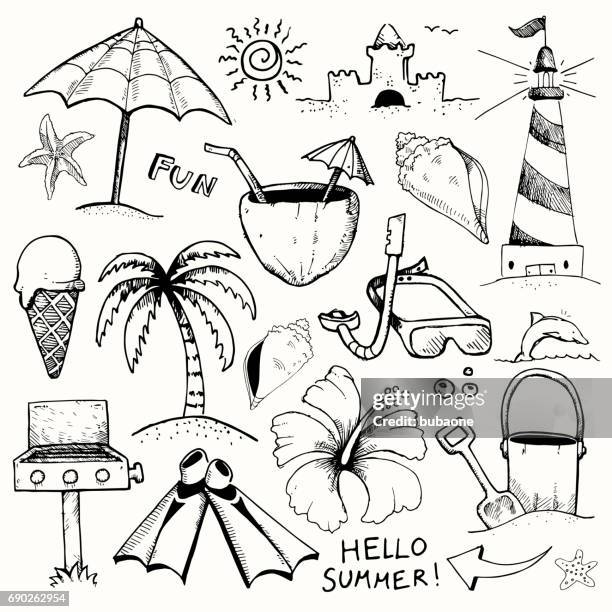 strand und sommer vektor tinte kritzeleien auf weißem hintergrund - snorkel white background stock-grafiken, -clipart, -cartoons und -symbole