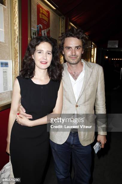 Actress Chloe Lambert and her Partner Director Thibault Ameline attend "Ca Coule de Source " Theater Play at Theatre de la Gaite Montparnasse on May...