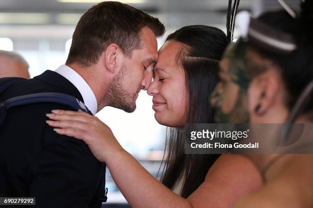 Captain Sam Warburton of the British & Irish Lions receives a hongi in welcome as the tream arrives at Auckland International Airport on May 31, 2017...