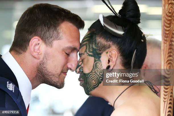 Captain Sam Warburton of the British & Irish Lions receives a hongi in welcome as the tream arrives at Auckland International Airport on May 31, 2017...