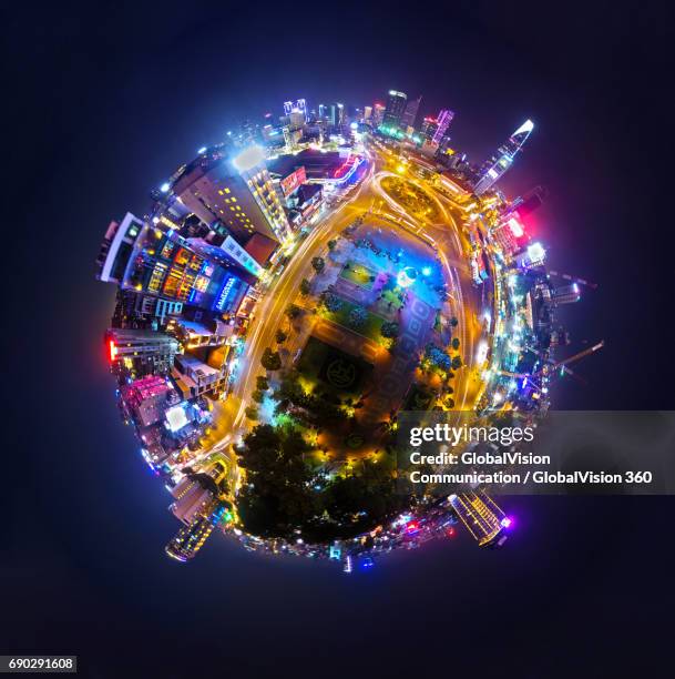 gorgeous 360° view of saigon by night - little planet effect stock pictures, royalty-free photos & images