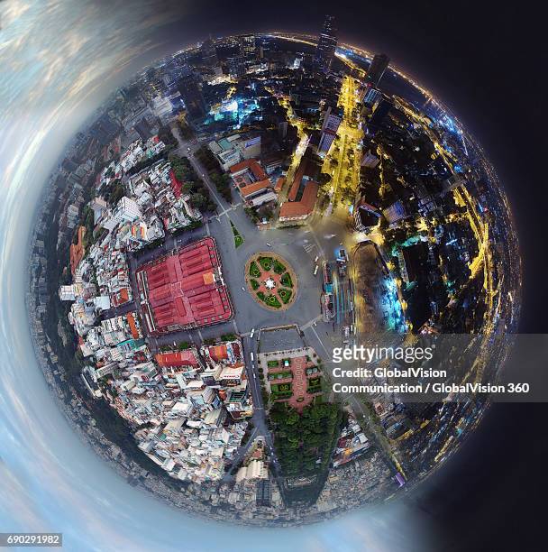 360° little planet of saigon's day and night - hdri 360 stock-fotos und bilder