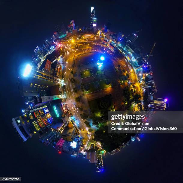 360° aerial night view of saigon's downtown - hdri 360 foto e immagini stock