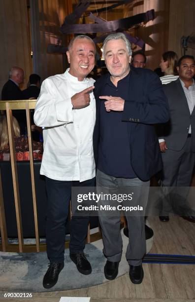 Chef Nobu Matsuhisa and actor Robert De Niro attend the Nobu Downtown Sake Ceremony at Nobu Downtown on May 30, 2017 in New York City.