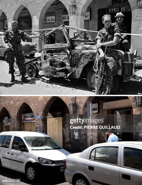 Combination of pictures created on May 15, 2017 shows a file photo taken on June 10, 1967 showing Israeli soldiers standing near a destroyed jeep in...