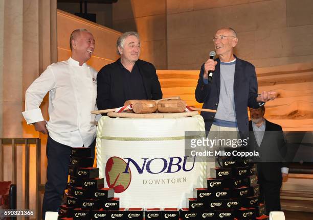 Nobu partners Chef Nobu Matsuhisa, Robert De Niro, Meir Teper and Drew Nieporent speak onstage during the Nobu Downtown Sake Ceremony at Nobu...