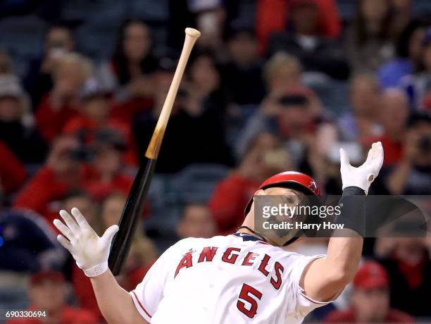 Albert Pujols of the Los Angeles Angels reacts to a pitch inside during the eighth inning against the Atlanta Braves at Angel Stadium of Anaheim on...